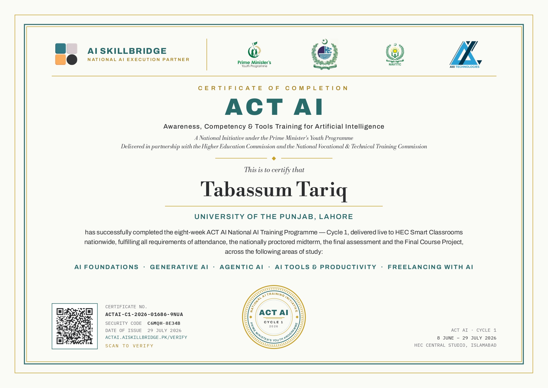 ACT AI — National AI Training Programme certificate