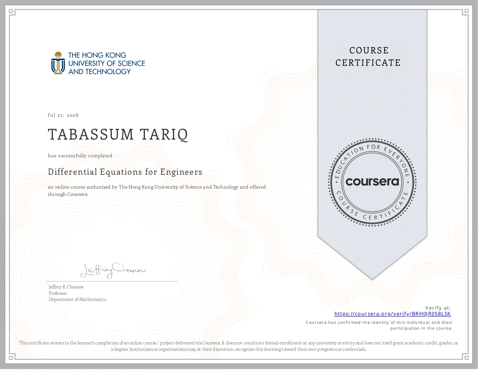 Differential Equations for Engineers certificate