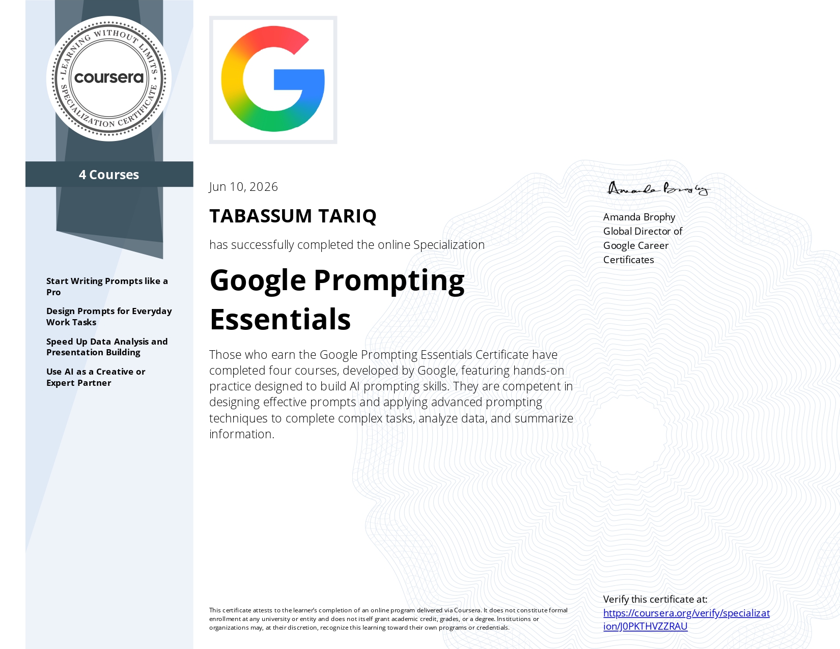 Google Prompting Essentials certificate